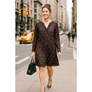 LOFT Black Red Floral Tunic Dress Split Neck Long Sleeve Viscose Large